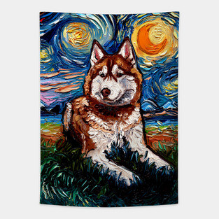 Red and White Husky Night Tapestry