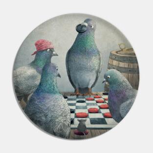 Checker Playing Pigeons Pin