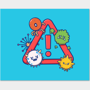 Cute Virus Cartoon With Stop Sign Cartoon Posters and Art