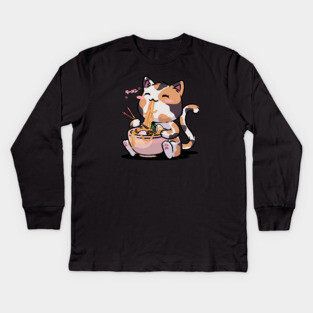 Kawaii Neko Cat Ramen Bowl Anime Otaku Color Cat Kids Long Sleeve T-Shirt