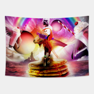Cook Dog Riding Fashionable Goat on top of Pancakes Tapestry