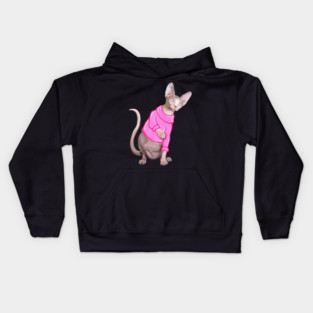 Cozy Sphynx Cat with Pink Knit Sweater Kids Hoodie