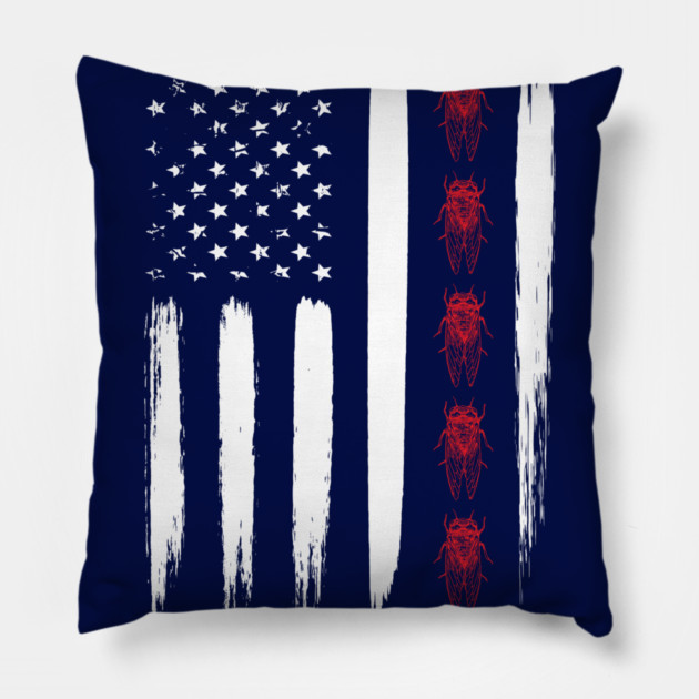 Cicada Line in Distressed US Flag for Cicada Reemergence Pillow by creative