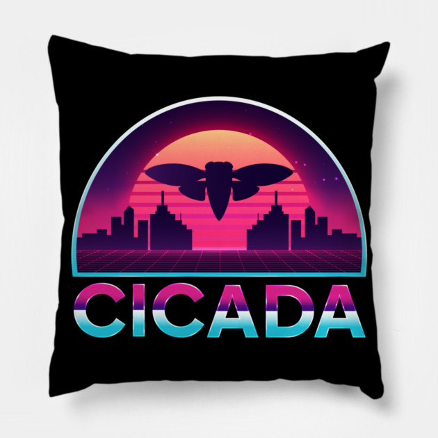 Retro Vintage Vaporwave Cityscape Cicada Pillow by creative
