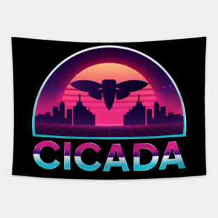 Retro Vintage Vaporwave Cityscape Cicada Tapestry