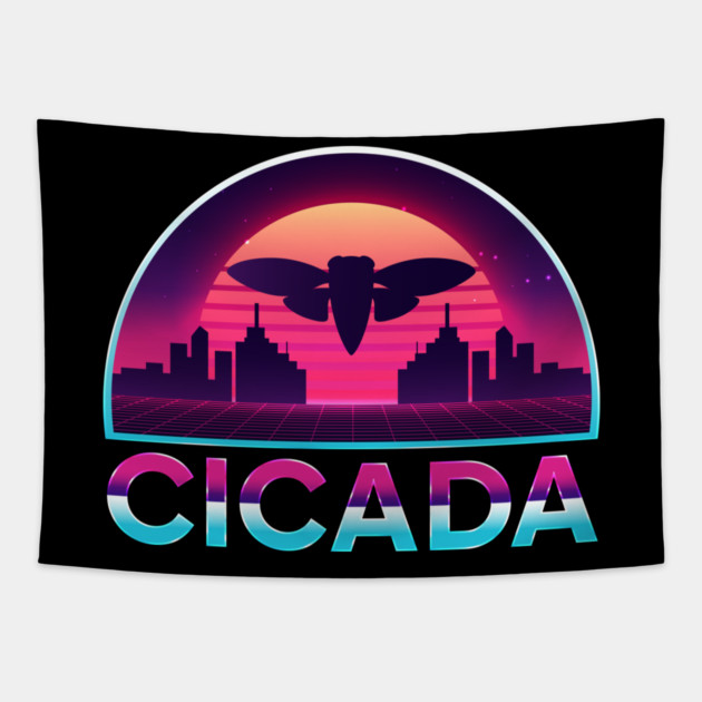 Retro Vintage Vaporwave Cityscape Cicada Tapestry by creative