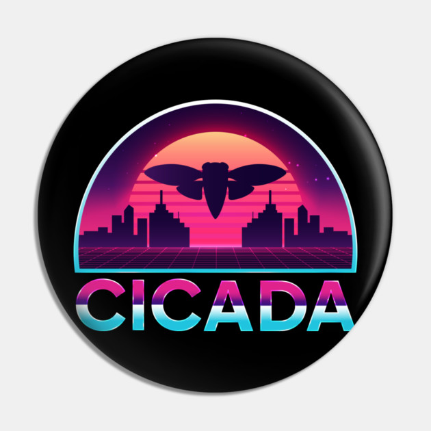 Retro Vintage Vaporwave Cityscape Cicada Pin by creative