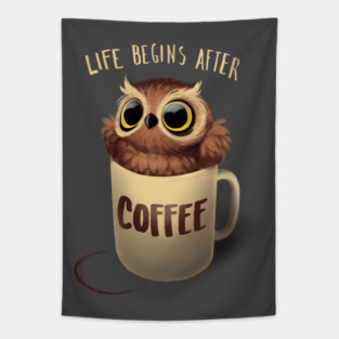 Night Owl - Fluffy Cute Bird - Morning Coffee Tapestry