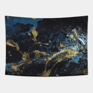 Liquid art. Abstract black-blue-gold background with hand-painted marble texture. Best for the print, fabric, poster, wallpaper, cover and packaging, wrapping paper. Christmas holiday mood. Tapestry