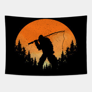 Sasquatch Fishing Sunset Tapestry