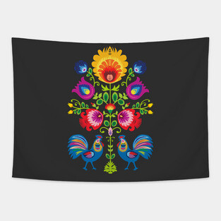 Folklore with Two Roosters - dark background Tapestry