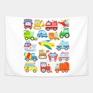 18 Cars Trucks Vehicles Locomotive Trash Truck School Bus Plane Boat Car Digger Tractor Tapestry
