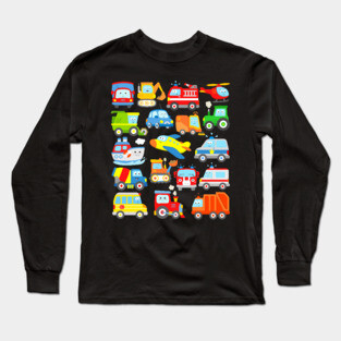 18 Cars Trucks Vehicles Locomotive Trash Truck School Bus Plane Boat Car Digger Tractor Long Sleeve T-Shirt