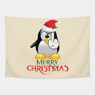 Merry Christmas Irreverent Angry Penguin Tapestry
