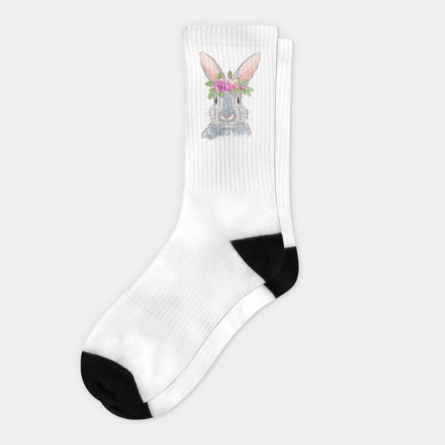 Cute Bunny with Floral Crown Illustration Socks by denizko