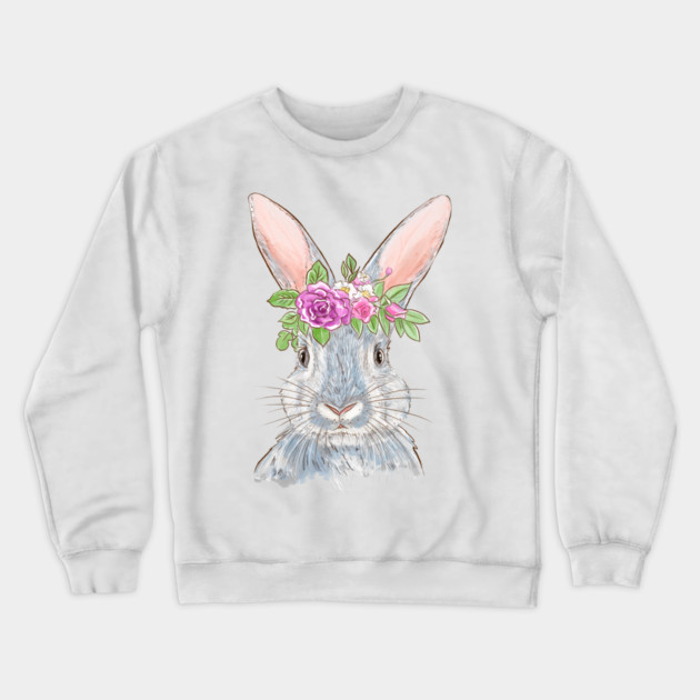 Cute Bunny with Floral Crown Illustration Crewneck Sweatshirt by denizko