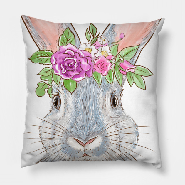 Cute Bunny with Floral Crown Illustration Pillow by denizko