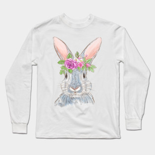 Cute Bunny with Floral Crown Illustration Long Sleeve T-Shirt