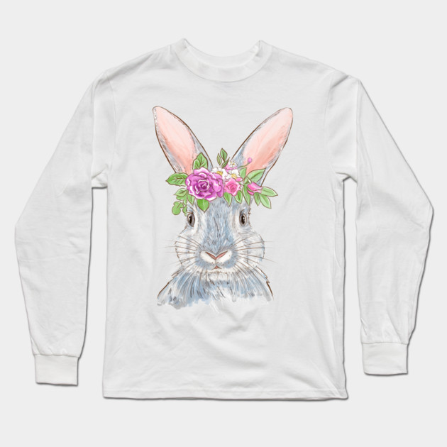 Cute Bunny with Floral Crown Illustration Long Sleeve T-Shirt by denizko