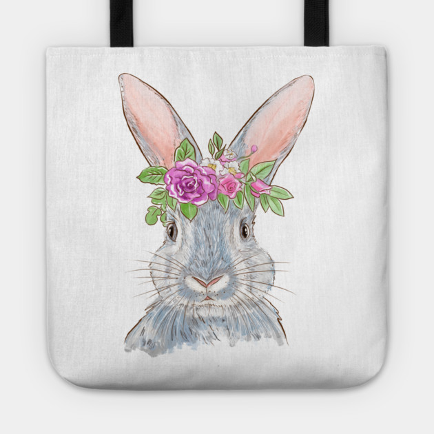Cute Bunny with Floral Crown Illustration Tote by denizko