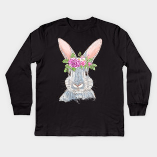 Cute Bunny with Floral Crown Illustration Kids Long Sleeve T-Shirt