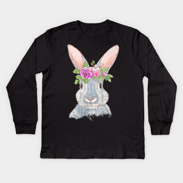 Cute Bunny with Floral Crown Illustration Kids Long Sleeve T-Shirt by denizko