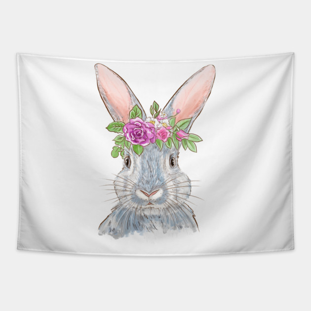 Cute Bunny with Floral Crown Illustration Tapestry by denizko