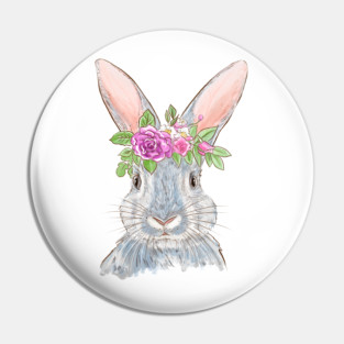 Cute Bunny with Floral Crown Illustration Pin