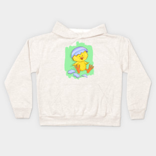 Cute Easter Chick with Egg Shell Illustration Kids Hoodie