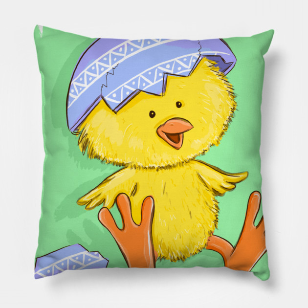 Cute Easter Chick with Egg Shell Illustration Pillow by denizko