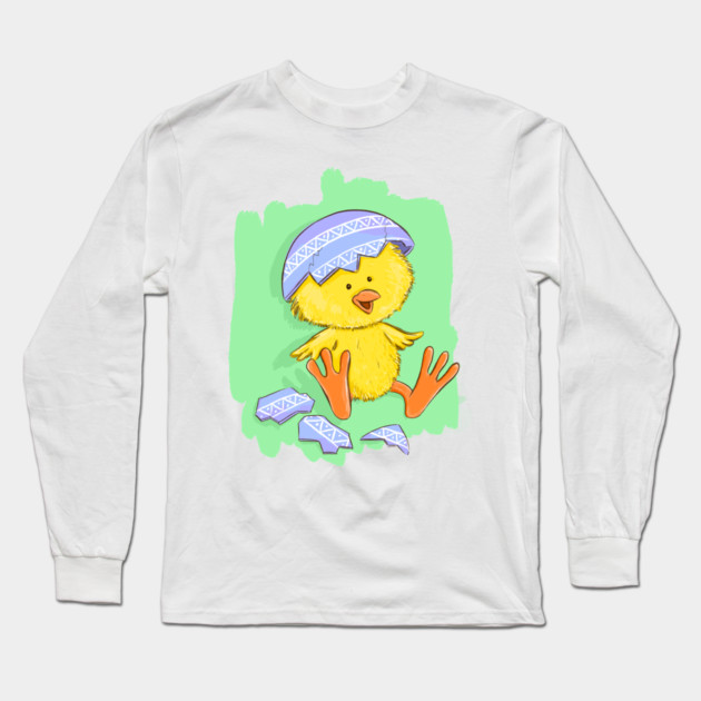 Cute Easter Chick with Egg Shell Illustration Long Sleeve T-Shirt by denizko
