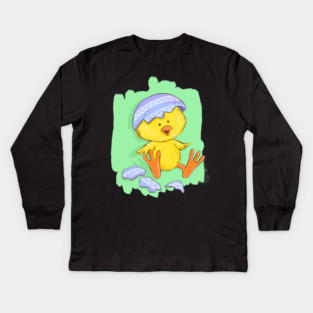 Cute Easter Chick with Egg Shell Illustration Kids Long Sleeve T-Shirt