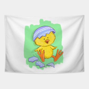 Cute Easter Chick with Egg Shell Illustration Tapestry