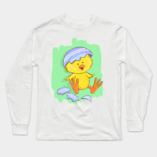 Cute Easter Chick with Egg Shell Illustration Long Sleeve T-Shirt