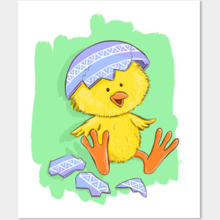 Cute Easter Chick with Egg Shell Illustration Posters and Art