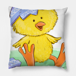 Cute Easter Chick Hatching from Egg Illustration Pillow