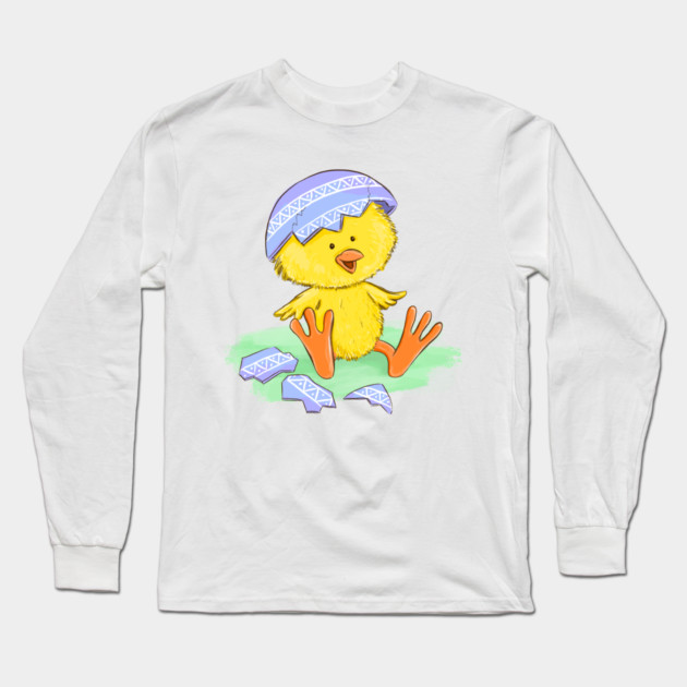 Cute Easter Chick Hatching from Egg Illustration Long Sleeve T-Shirt by denizko