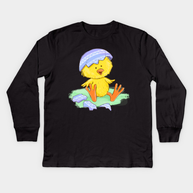 Cute Easter Chick Hatching from Egg Illustration Kids Long Sleeve T-Shirt by denizko