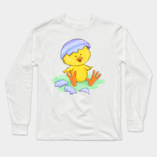Cute Easter Chick Hatching from Egg Illustration Long Sleeve T-Shirt