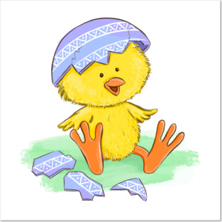 Cute Easter Chick Hatching from Egg Illustration Posters and Art