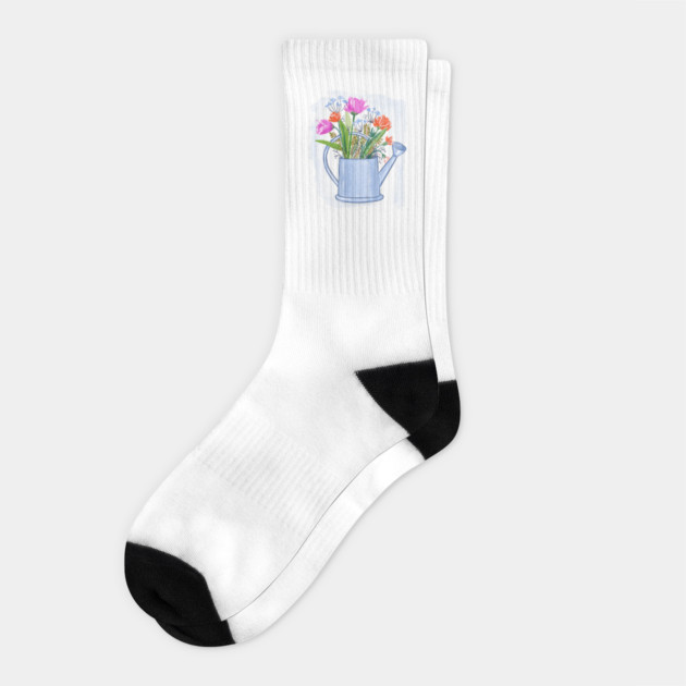 Watering Can with Flowers Floral Illustration Socks by denizko