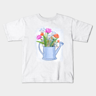 Watering Can with Flowers Floral Illustration Kids T-Shirt