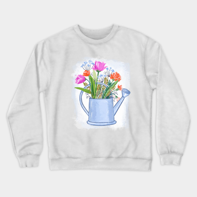 Watering Can with Flowers Floral Illustration Crewneck Sweatshirt by denizko