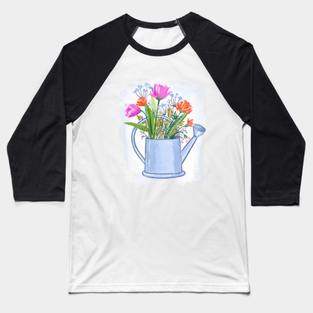 Watering Can with Flowers Floral Illustration Baseball T-Shirt by denizko
