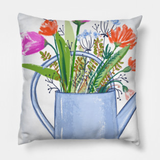 Watering Can with Flowers Floral Illustration Pillow