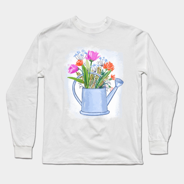 Watering Can with Flowers Floral Illustration Long Sleeve T-Shirt by denizko