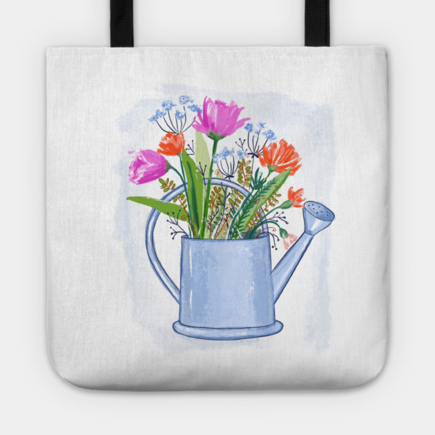 Watering Can with Flowers Floral Illustration Tote by denizko