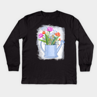 Watering Can with Flowers Floral Illustration Kids Long Sleeve T-Shirt