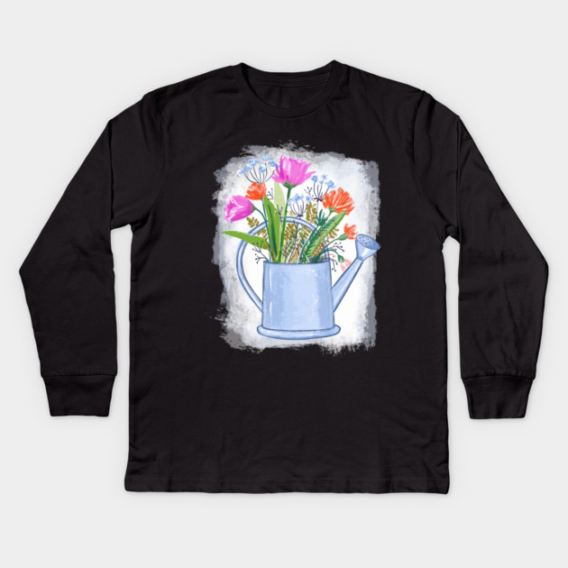 Watering Can with Flowers Floral Illustration Kids Long Sleeve T-Shirt by denizko
