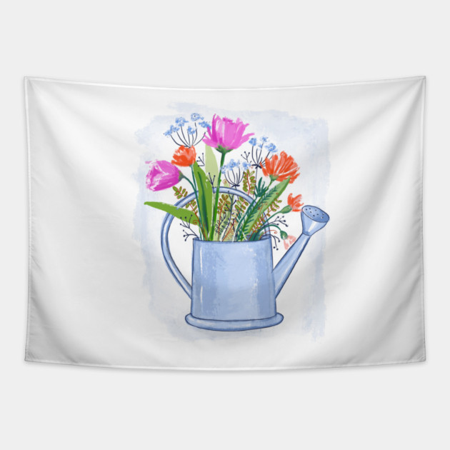 Watering Can with Flowers Floral Illustration Tapestry by denizko